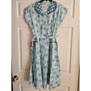 Vintage Blue Floral Button Down Dress Size 12 Made In USA Belted Collared NWT